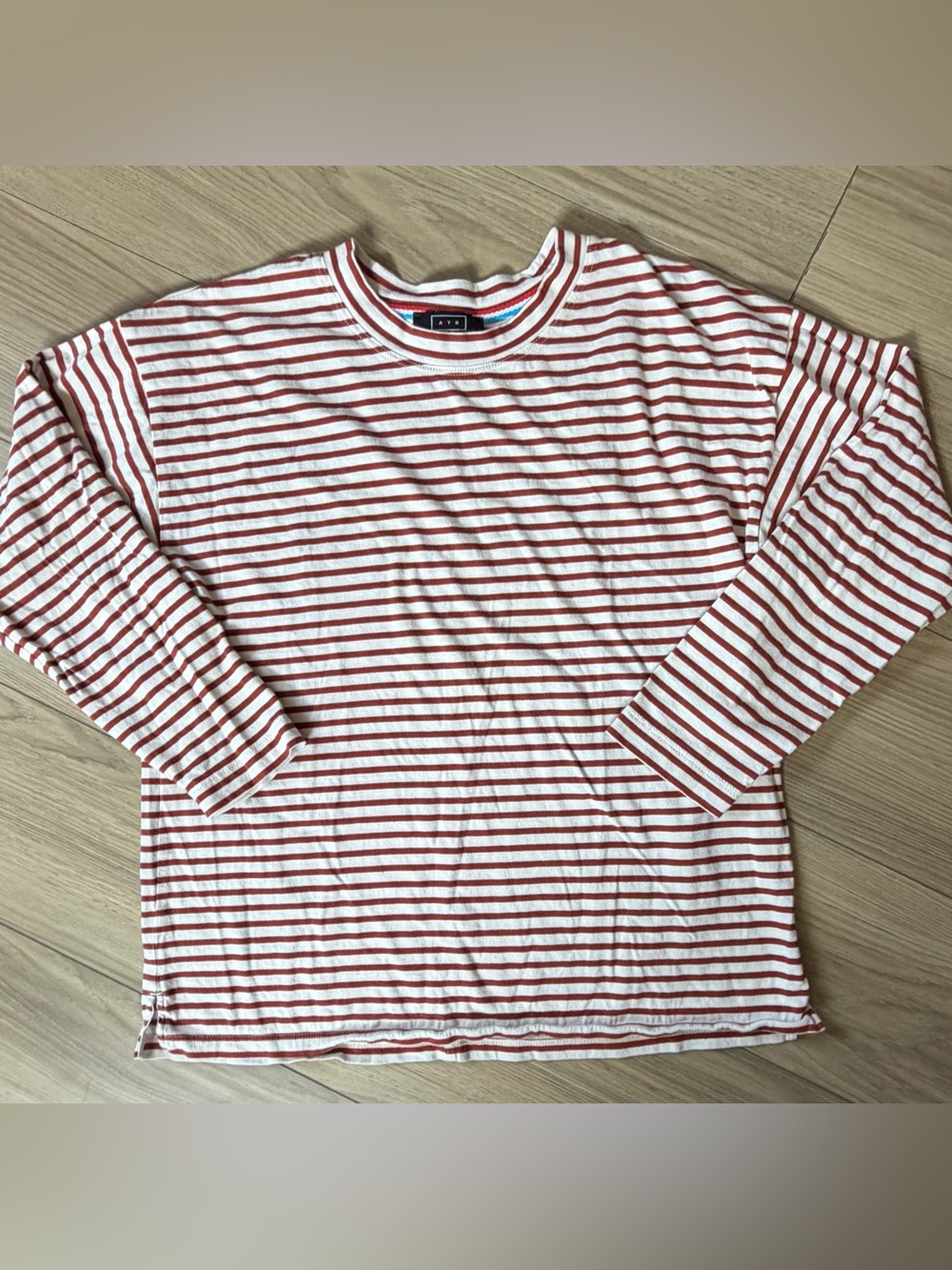 AYR Striped Boxy Long Sleeve Tee Classic Pima Cotton Brick Beige Stripe Small